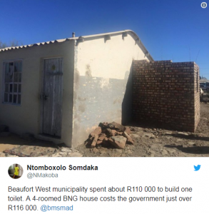 Beaufort West municipality spent R2-million to build 21 toilets, indicating that one toilet cost taxpayers R110 000? – There is reason to believe that somebody has filled their pockets with taxpayers money!